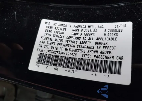 2015 Honda Accord Sport z USA, uszkodzony, nr VIN 1HGCR2F50FA101478